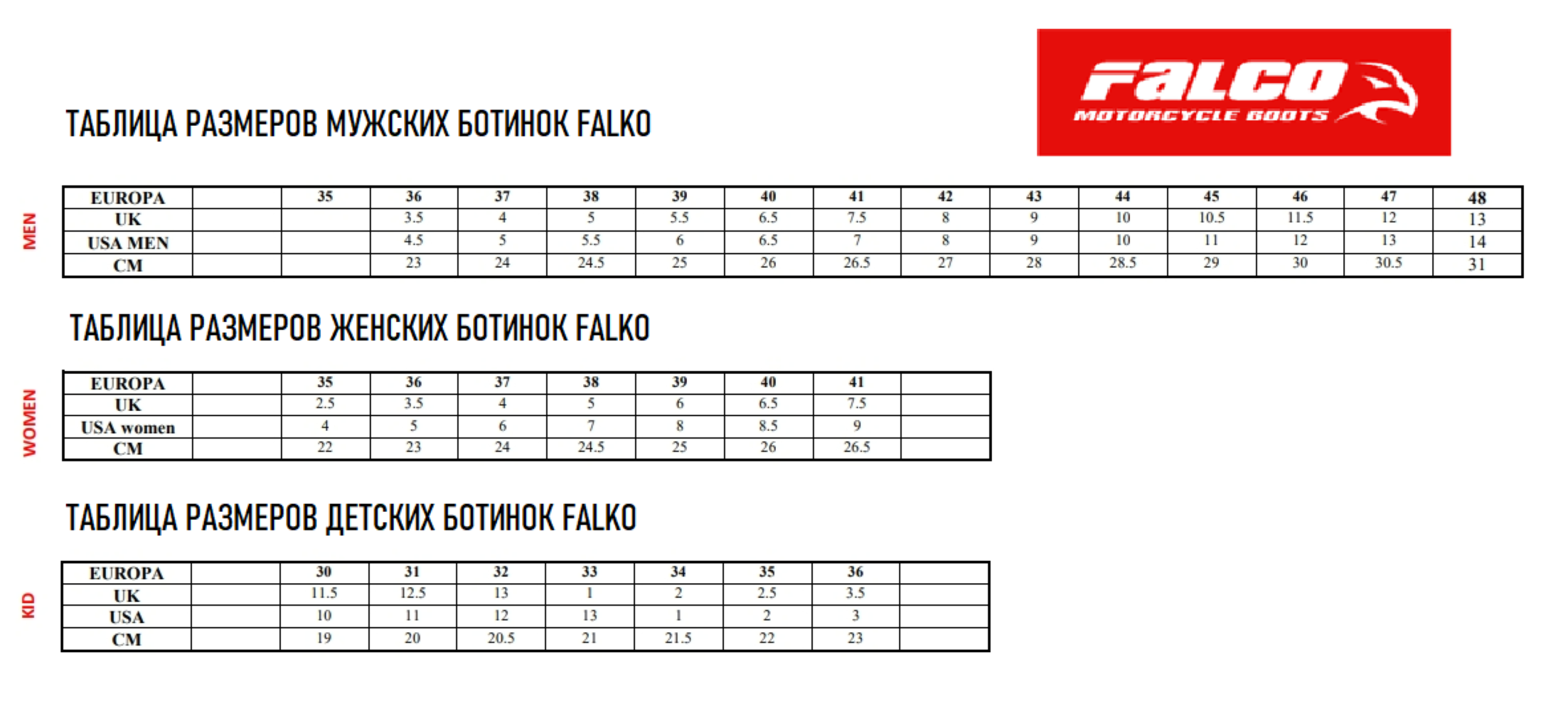 Таблица размеров - Мотоботы Falco Eso LX 2.1 Italy 41