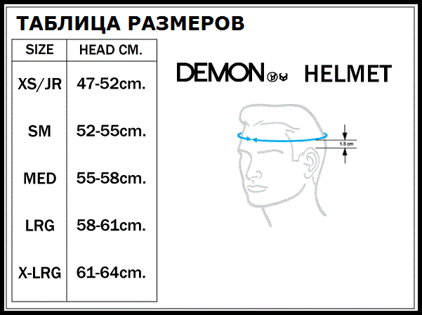 Таблица размеров - Зимний шлем DEMON Phantom Helmet Audio Blue M (14-15)
