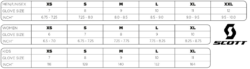 Таблица размеров - Велоперчатки Scott Minus LF Black XS